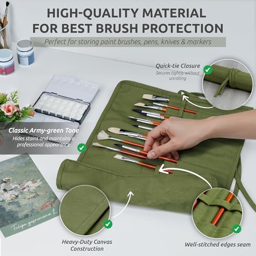 DUGATO 30-Slot Roll-Up Canvas Brush Holder, Army Green | Washable Paint Brush Case, Durable Canvas Organizer for Brushes & Art Supplies (Brushes not Included) - color: Green