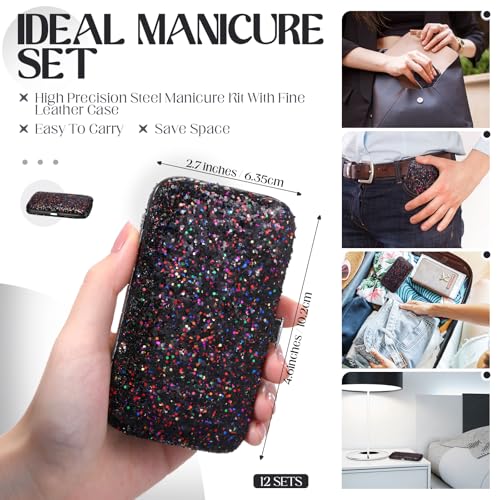 Geosar 12 Set 8 in 1 Manicure Kit Gifts Stainless Steel Nail Clippers Set Pedicure Care Tools with Leather Case Travel Portable Grooming Kit for Women Men Nurse Hands Foot(Glitter Dark Red) - color: Glitter Dark Red