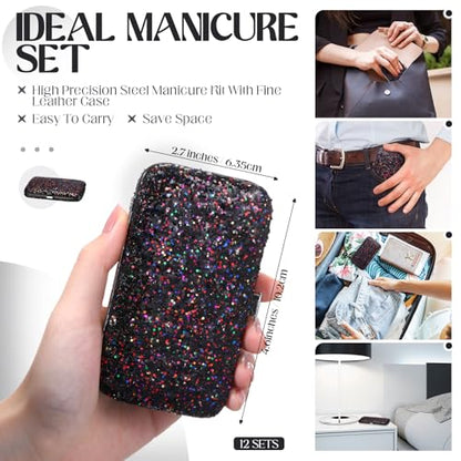 Geosar 12 Set 8 in 1 Manicure Kit Gifts Stainless Steel Nail Clippers Set Pedicure Care Tools with Leather Case Travel Portable Grooming Kit for Women Men Nurse Hands Foot(Glitter Dark Red) - color: Glitter Dark Red