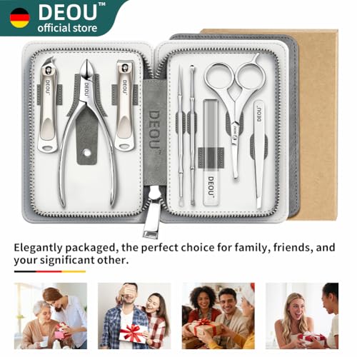DEOU Premium Manicure Set 8 in 1, 420J2 Stainless Steel Pedicure Kit with Luxury Leather Case, Professional Grooming Tools for Travel & Home, Gifts for Men & Women - color: Gray