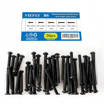 M6-1.0 Button Head Socket Cap Bolts Screws - 30/35/40/45/50mm Length Kit, 10.9 Grade Alloy Steel, Allen Drive, Black Oxide Finish, Full Thread, 50-Piece Set - size: 12.9-Button-M6-30-50mm