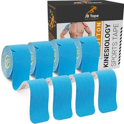 JB Tape Kinesiology Tape, 80 Precut Strips, Blue, Latex‑Free, 4 Rolls | Elastic, Latex-Free, Water Resistant, Athletic Muscle & Joint Support - color: Blue Pacific