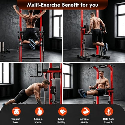 SogesPower Power Tower Multi-Function Pull Up Bar Station for Home Gym | 10-Level Height& 5-Level Armrest Adjustable,2-IN-1 Assisted Pad,Pull Up Dip Station Strength Training Workout Equipment - color: Red