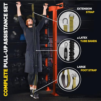 Pull Up Assistance Bands Set with 4 Levels, Adjustable Strap and Foot Rest | 50–200 lb stackable pull-up assistance, nylon-sleeved bands, adjustable support, reduced snap-back risk - color: Military Green V1
