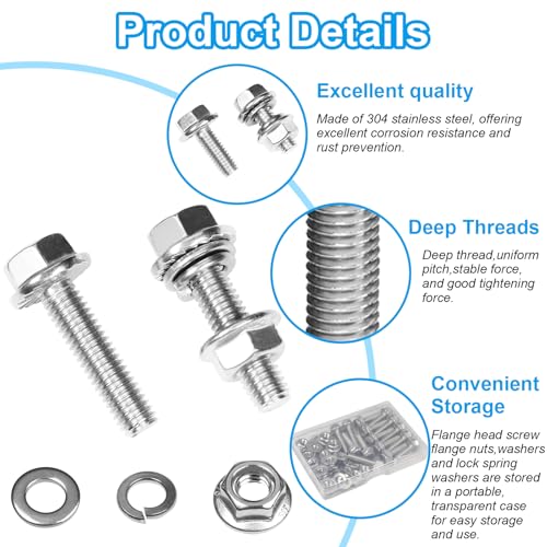 15 Sets 1/4-20 x 1 Flanged Hex Head Bolts Kits, 1/4-20 Flange Hexagon Screws and Nuts,Flat & Spring Lock Washers, 304 Stainless Steel 18-8,Fully Threaded - size: 1/4-20 x 1"