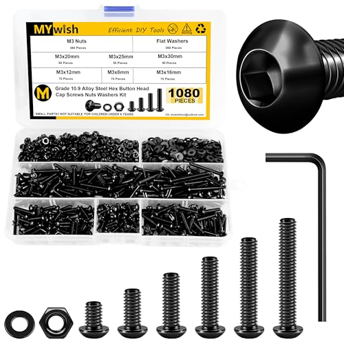 Mywish 1080 Pcs M3 Bolts Metric Assortment Kit - 10.9 Grade Alloy Steel Button Head Socket Cap With Flat Washers & Nuts - Black Oxide Machine Screw for 3D Printer DIY - color: Black, size: 1080Pcs M3