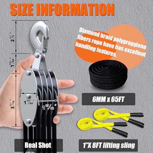 YATOINTO Rope Hoist Pulley System with Metal Bearing, 4400LB Pulley Block and Tackle, 8:1 Lifting Power 65ft, Heavy Duty Pulley Block for Hunting Lifting Garage Warehouses Building (with 2PCs Straps) - size: 4 Pulley+2 straps