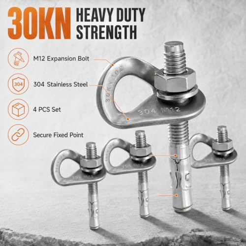 304 Stainless Steel Climbing Anchor Bolt, 30KN Rock Climbing Bolt Hanger, Heavy Duty Climbing Fastening Bolt, Climb Fastening Bolt Safe Fixed Point, 4 Set Rock Climbing Holds