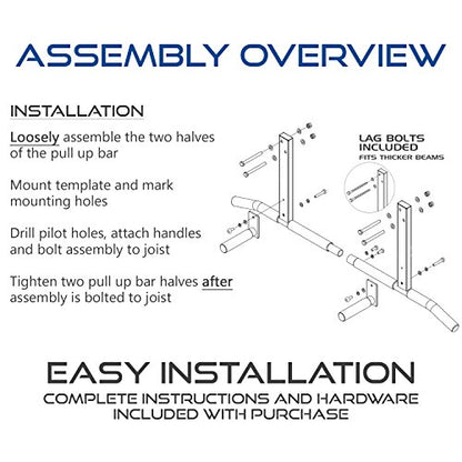 Joist Mount Pull Up Bar with Extra Hardware and Mounting Template for Easy Install to Beam or Rafter by Ultimate Body Press - color: Black