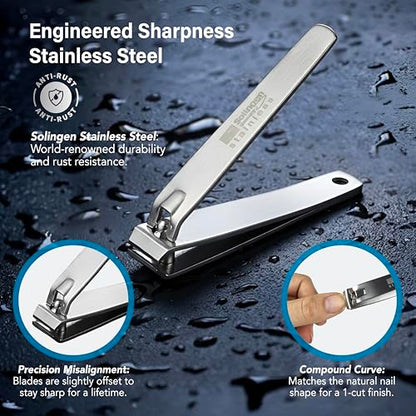Solingen Toenail Clippers for Thick Nails, 2-Pack Stainless Steel Nail Clippers Made in Germany, Straight Edge Fingernail & Toenail Cutters for Men, Women & Seniors