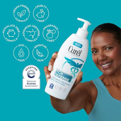 Curel Itch Defense Calming Body Lotion, Moisturizer for Dry, Itchy Skin, Body and Hand Lotion, with Advanced Ceramide Complex, Pro-Vitamin B5, Shea Butter, 13 Oz, Pack of 3 | Soothes Itchy Skin, Prevents Eczema Flare-Ups, Ceramide Moisturizer, Fragrance-F