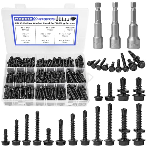 #8#10#14 470Pcs Self Drilling Screws for Metal, Hakkin Self Tapping Tek Screw Assortment Kit, Black Oxide 410 Stainless Steel Sheet Metal Screws Hex Washer Head 1/2" 3/4" 1" 1-1/2", Socket Included - size: 470PCS #8 #10 #14 Self Drilling Screws Black