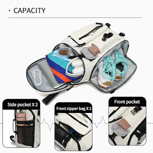 tennis mountain climbing travel backpack, independent shoe compartment for sports and fitness, waterproof 15.6-inch computer bag - color: Almond White