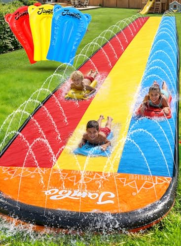 JAMBO 25Ft Premium XXL Slip Splash and Slide with 3 Bodyboards, Heavy Duty Water Slide- Advanced 3-Way Sprinkler System, Splash Mat Splash Pad Backyard Waterslide Outdoor Water Toys n Slides for Kids - color: Triple Lane