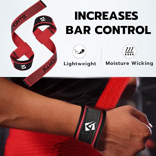 AQF Weight Lifting Straps, Padded Cotton Gym Wrist Straps for Deadlifts | 23" Extra-Long, Heavy-Duty Webbing, 5mm Neoprene Cushioning, Open-Loop Design, Sold as Pair, Ideal for Rows & Pull Workout - color: Red Gel Grip