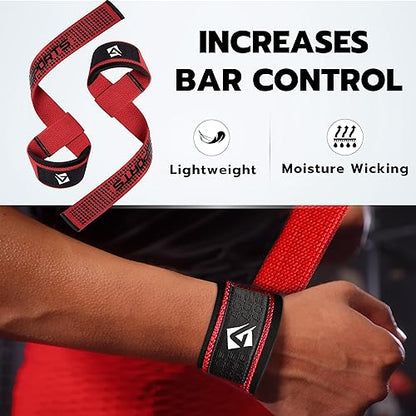 AQF Weight Lifting Straps, Padded Cotton Gym Wrist Straps for Deadlifts | 23" Extra-Long, Heavy-Duty Webbing, 5mm Neoprene Cushioning, Open-Loop Design, Sold as Pair, Ideal for Rows & Pull Workout - color: Red Gel Grip