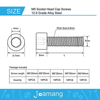 M5 x 20mm 25mm 30mm 35mm 40mm Hex Socket Head Cap Screws Bolts, 12.9 Grade Alloy Steel, Black Oxide Finish, Metric Allen Drive, Fully Threaded, Assortment Kit 50Pcs - size: Socket M5x20-40 mm