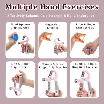 CYFIE Grip Strength Trainer Kit, Adjustable 10-132 lb, Hand Exerciser | Forearm Strengthener, Finger Stretcher, Stress Ball and Bag for Grip Recovery, Wrist Training, Rehab, Climbers and Musicians - color: Pink