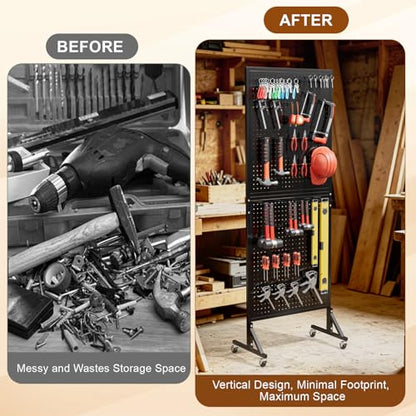 2 x 5.5 FT Metal Pegboard Display Stand with Wheel & Leveling Feet | Peg Board Panels Display Rack with 30 Hooks for Retail Store, Craft Show, Garage, Jewelry Organizer, Black - color: Black