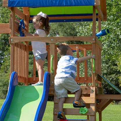 Backyard Discovery Beach Front Cedar Wood Swing Set with Wave Slide, Play Deck, Monkey Bars, Rock Wall Ladder, Shaded Picnic Area, Snack Bar, Belt Swings, Trapeze, Sandbox Area, Outdoor Playset - color: Multicolor