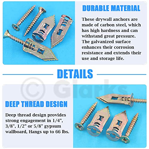 Glarks 100 Sets Drywall Self-Drilling Anchors with Screws, 100Pcs Carbon Steel Hollow Wall Anchor Tapping Screw with 100Pcs Screws Kit, No Drill or Holes in Wall