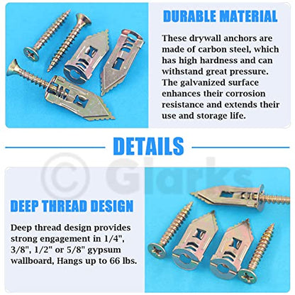 Glarks 100 Sets Drywall Self-Drilling Anchors with Screws, 100Pcs Carbon Steel Hollow Wall Anchor Tapping Screw with 100Pcs Screws Kit, No Drill or Holes in Wall