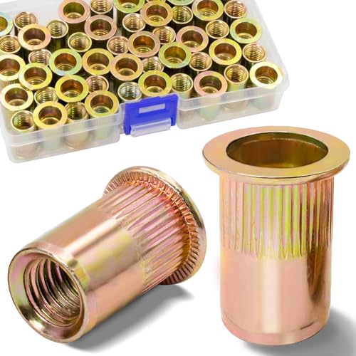 50Pcs M10 Rivet Nuts, Metric Zinc Plated Finish Carbon Steel Flat Head Threaded Insert Nutsert Kit - color: Yellow, size: Metric M10 - 50 Pcs