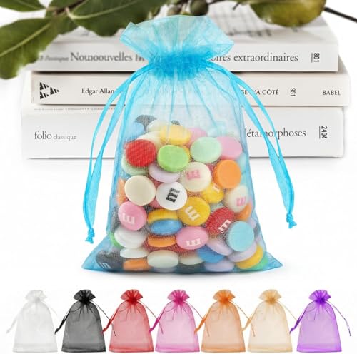 ANZNKU 50 PCS Organza Bags 5 x 7, Lake Blue Small Mesh Gift Bags Bulk | Sheer Goodie Sachet Pouches for Wedding Party Favors Baby Bridal Shower & Halloween, Use for Candy Jewelry Soap Treats Makeup - color: Lake Blue