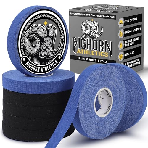 Bighorn Athletics Finger Tape, 0.5-Inch x 45-Feet, 8 Rolls, Black/Blue | Athletic Sports Tape for Jiu Jitsu, Climbing, Volleyball, Golf. Hands & Toes Support. Residue-Free, Zinc Oxide Adhesive. - color: Black & Blue, size: 0.5-Inch