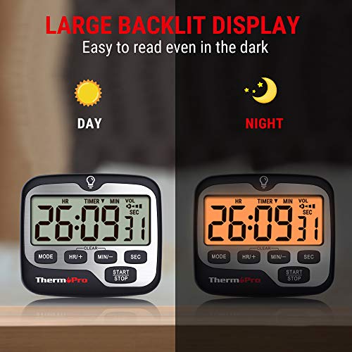 TempPro TM01(2 Pack) Kitchen Timers for Cooking with Count Up Countdown Timer, Digital Timer for Kids with Touch Backlit, Study Timers for Classroom Teacher Supplies (Previously ThermoPro) - size: Digital Timer 2 Pack