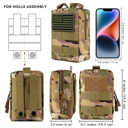 2 Pack Tactical Molle EDC Pouch Multi-Purpose Compact Pack Water-Resistant Utility Pouch with Flag Patch - color: Camo