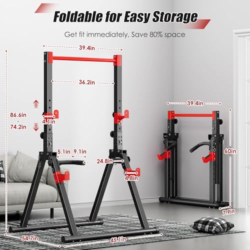 SogesPower Foldable Pull Up Bar Station,Triangular Power Tower Dip Stand | Adjustable Heights & Handles Pull Up Dip Station for Pull-ups, Dips, Knee Raises,Space-saving for Small Space - color: Red