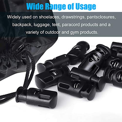 AQRINGO Plastic Cord Locks Single Hole Spring Toggle Stopper Cord Stops Fastener Toggles for Shoelaces, Drawstrings, Paracord, Bags, Clothing, and More (10Pcs, Black)