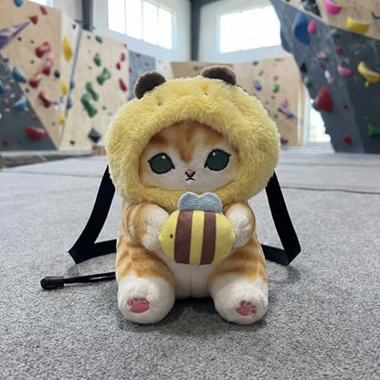 Cat Rock Climbing Chalk Bag, Fun Plush Animal Chalk Pouch with Drawstring, Adjustable Waist Belt for Indoor Outdoor Bouldering Sport Climbing - style: Small Bee Cat