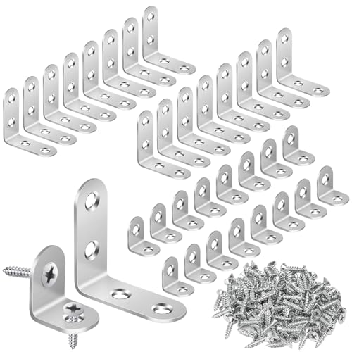 MAPVOLUT 32 PCS L Bracket, Heavy Duty L Brackets for Wood Shelves, with 100* Screws, 90 Degree Stainless Steel Corner Angle Bracket Metal Shelf Brackets Corner Cabinet, 16*(1.6x1.6in), 16*(0.8x0.8in) - size: 2 SIZE Silver