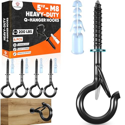 [HIGH-WORKLOAD] 200Lbs 4 Pcs Q-Hanger Hooks M8 with Washer & Safety Buckle, Heavy Duty 5’’ Windproof Screw Hooks for Hanging Plants, Yoga, Lights, Indoor & Outdoor Uses-Expansion Tubes, Screwdriver