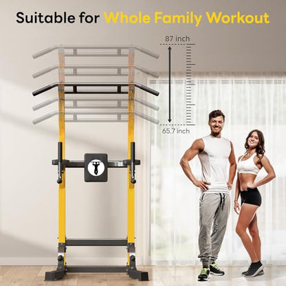SogesPower Power Tower Pull Up Bar Station Multi-Function Dip Station | Adjustable Height Pull Up Dip Station Dip Bar Strength Training Fitness Equipment,Up to 500LBS - color: Yellow