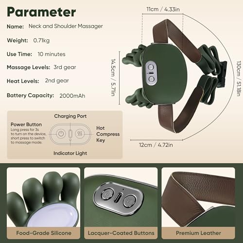 Neck Massager with Heat, Cordless Human-Like Massage, Pain Relief, Green | Neck Massager with 2 Heat Levels and 10-Min Auto Shut-Off, Relax Neck & Shoulders at Home, Office, Breaks or Before Sleep