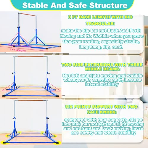 Marfula Gymnastic Bar For Kid and Teenage of 3-25, 5Ft/8 FT Base Length 4Ft Width 5Ft Adjust Height, Gymnastic Kip Bar For Gymnast, Gymnastic Training Equipment For Professional Training Home Club Use - color: Blue(New Style - 8 Ft Base)