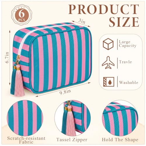 Kacctyen 6 Pack Blue and Pink Striped Makeup Bag bulk with Tassel Travel Cosmetic Pouch Organizer Large Zipper Toiletry Case for Women Aesthetic Storage Pouch Mahjong Tile Bag - color: Blue and Pink