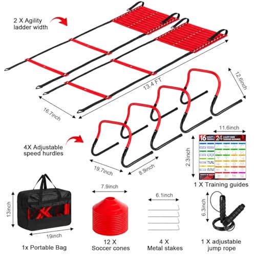 BORNEW 2 Pack Agility Ladder, Soccer Speed Training Equipment Set with Total 26 ft Agility Ladder, 12 Cones, 4 Adjustable Hurdles, Jump Rope, for Soccer, Basketball, Football, Kids, Youth, Adults - color: 4.Red