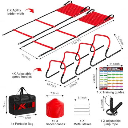 BORNEW 2 Pack Agility Ladder, Soccer Speed Training Equipment Set with Total 26 ft Agility Ladder, 12 Cones, 4 Adjustable Hurdles, Jump Rope, for Soccer, Basketball, Football, Kids, Youth, Adults - color: 4.Red