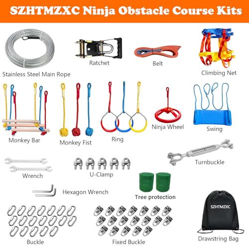 55FT Ninja Warrior Obstacle Course for Kids Backyard Outdoor | Stainless Steel Main Cable, 12 Ninja Training Children Toy Accessories, Monkey Bar, Climbing Net, Swing, CPSC Approval - size: 55FT 12Pcs