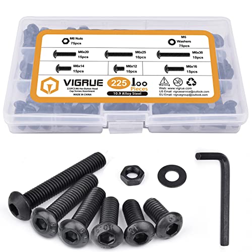 VIGRUE 225PCS M6 x 12/14/16/20/25/30mm Button Head Hex Socket Cap Screws Bolts Nuts Washer Assortment Kit, 10.9 Grade Alloy Steel Black Oxide, Fully Threaded - size: m6 button black 12-30mm