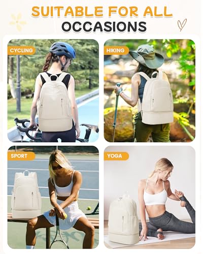 BJLFS Gym Backpack for Women Foldable Outdoor Weekender Gym Bag with Shoe Compartment & Wet Pocket, Waterproof Sports Backpack, Dance Back Pack & Yoga Track Bag-Beige - color: White