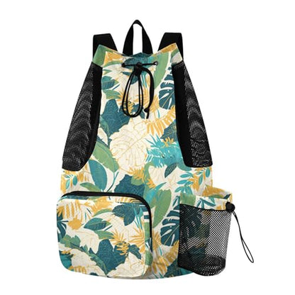 Drawstring Backpack For Swim Climbing Gym Bag With Water Bottle Holder Cinch Sack Waterproof Tropical Plants Green