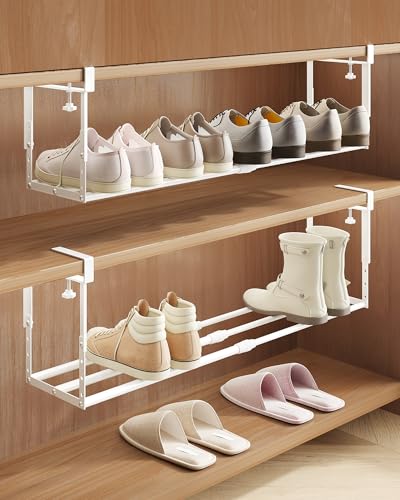 2 Pack Expandable Shoe Rack Organizer for Cabinet, Adjustable Hanging Under Shelf Storage, Sturdy Round Tube Design, Space Saving Shoe Shelf for Closet, Entryway, Laundry Room, White - color: Modern White-2pack