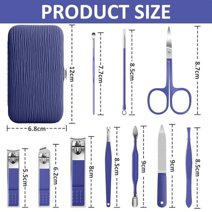 BLESWIN Manicure Set, 10 in 1 Professional Manicure and Pedicure Kit, Nail Care Kit for Women, Mens Nail Grooming Kit, Portable Nail Clipper Set Blue Leather Case for Travel Home - color: 2-Blue