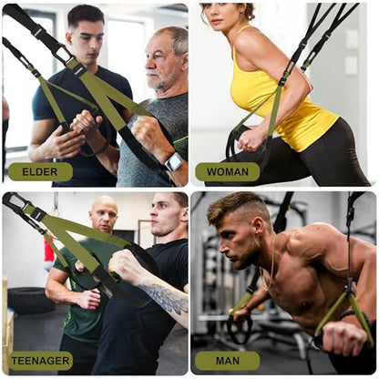 Home Resistance Training Kit | Full-Body Workout with Suspension Trainer Straps, Door Anchor, Handles, and Carrying Bag | Complete Home Gym Equipment - color: Army Green