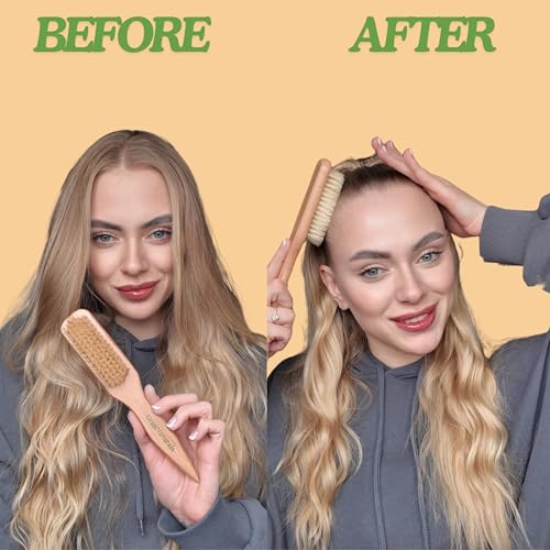 GranNaturals Soft Finishing Boar Bristle Slick Back Hair Brush for Smoothing & Polishing a Sleek Ponytail Bun w/ a Wide Wooden Rat Tail End for Parting & Sectioning - Teasing & Backcombing Hairbrush
